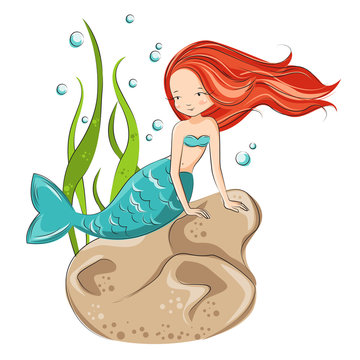 Mermaid on the reef.  She is hostess underwater ocean world. Vector isolated.