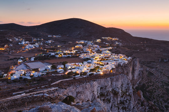 View of Folegandros village and surrounding landscape.