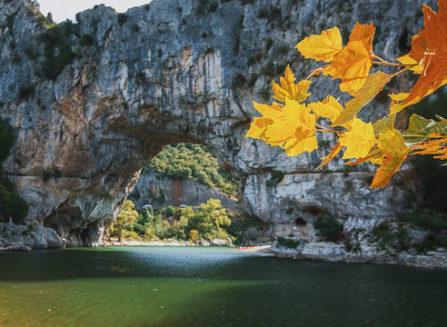 The Pont d'Arc is a large natural bridge, located in the Ardeche departement in the south of Franc. The arch, carved out by the Ardeche River, is 60 m wide and 54 m high.