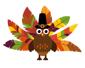 Cute Vector Turkey with Colorful Feathers for Thanksgiving and Fall - 123372527