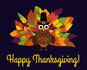 Cute Vector Turkey with Colorful Feathers for Thanksgiving and Fall