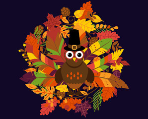 Cute Thanksgiving Turkey with a Floral Wreath - Vector