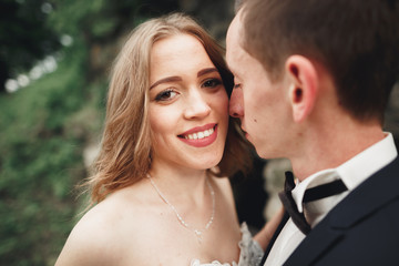 Happy wedding couple hugging and smiling each other on the background gorgeous plants in castle