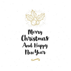 Christmas greeting card - Calligraphy greeting and glitter gold holly berries.