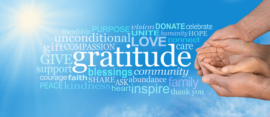 Thanksgiving Togetherness -  Male hands  cradling female cupped hands on a wide blue sky background with a GRATITUDE word cloud and large sun burst in top left corner