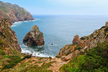 Fototapeta na wymiar Atlantic coast view in cloudy weather, Portugal.
