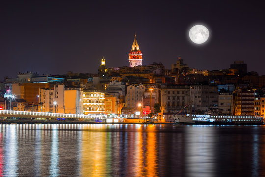 Istanbul, Galata tower and bridge at night "Elements of this image furnished by NASA