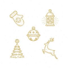 Vector icon set with Christmas glitter gold sign and symbol