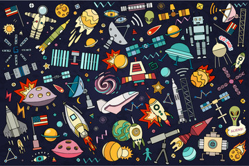 Naklejka premium Vector abstract illustration of space. Solar system. Moon, astronaut, planet, rocket, earth, cosmonaut comet universe orbit Technology Hand drawn comic