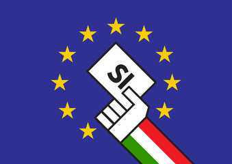 Yes (Si) vote for the Italian referendum with EU flag in the bac