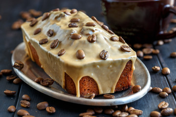 Homemade cake with coffee glaze.