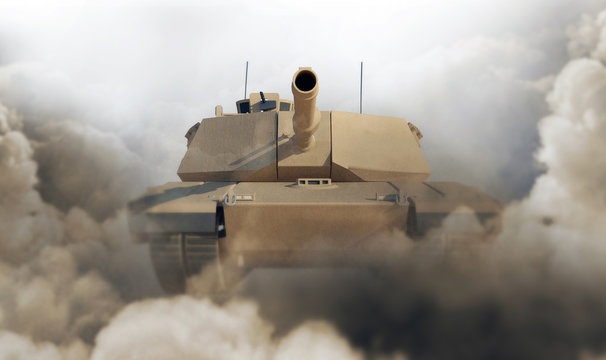 Heavy Military Tank in Desert. 3D Rendering. (Focus on the Tank)