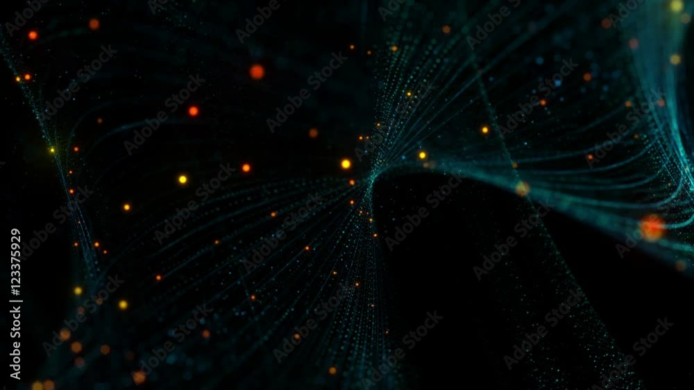 Poster 3d rendering background with twisted particle strings. dark digital abstract background. beautiful g