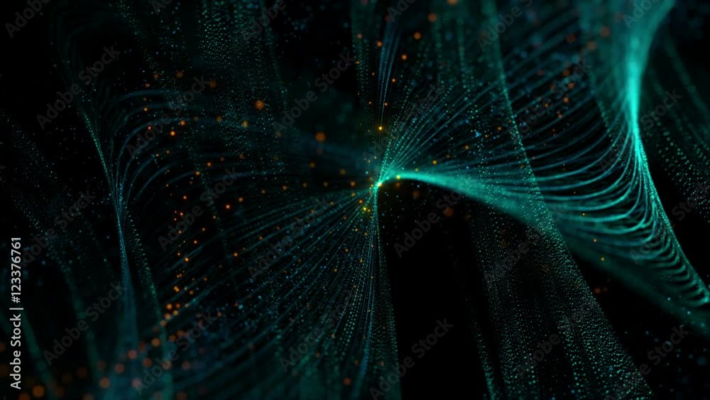 Poster 3d rendering background with twisted particle strings. dark digital abstract background. beautiful g