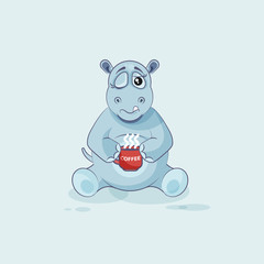Emoji character cartoon Hippopotamus just woke up with cup of coffee