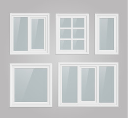 Fototapeta na wymiar Set of transparent metal plastic windows on gray wall