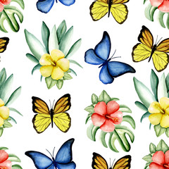 Seamless pattern with tropical flowers and butterflies. Watercolor hand drawn