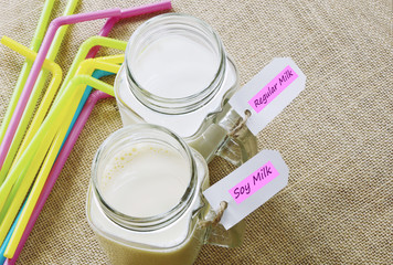 Soy Milk and Regular Milk on sack background with colorful straw.
