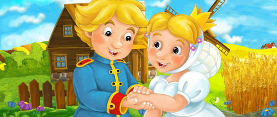 Obraz na płótnie Canvas Cartoon scene with young royal couple in the farm - illustration for children