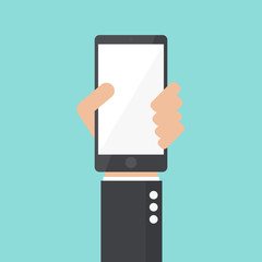 hand of businessman hold smart phone with shadow,flat design