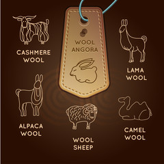 Collection of labels for the textile industry. Line drawings animals. Icons animal hair. Wool.Vector Illustration.