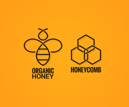 bee logo and honeycombs label on yellow background
