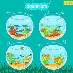 Aquarium set with fish and decoration. Fishbowl set.