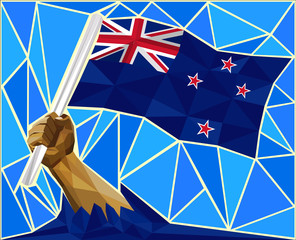 Strong Hand Raising The Flag Of New Zealand