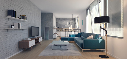 Modern interior, Apartment, Kitchen 3D Render
