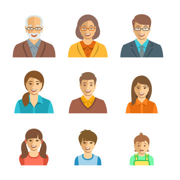 Family members happy faces. Vector flat avatars. People generation simple icons. Mother, father and adult, teen and little kids. Caucasian portraits. Young, senior men and women, boys, girls and baby
