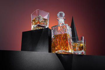Composition of whisky in glass and bottle - obrazy, fototapety, plakaty
