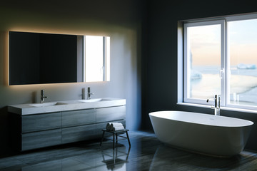 Elegant hi-tech bathroom with a big window. 3d render