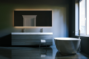 Naklejka na ściany i meble Luxury hi-tech bathroom with big mirror and window. 3d render