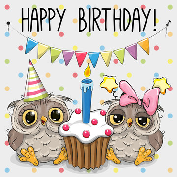Greeting card two cute Cartoon Owl