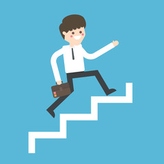 Businessman with suitcase climbing the stairs of success. Flat s