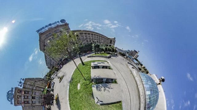 Little Tiny Planet 360 Degree Kiev Sights People on Independence Square in Sunny Day Old Buildings Maidan Nezalezhnosti Tourism in Ukraine Cityscape