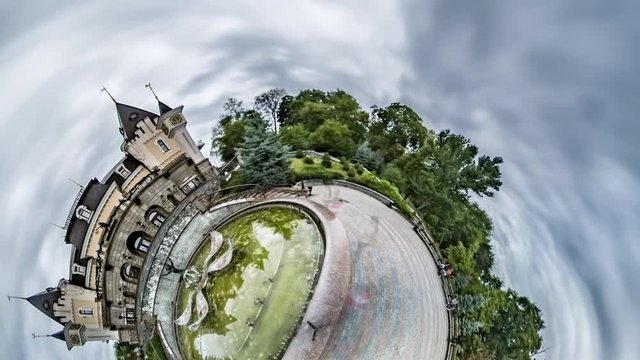 Little Tiny Planet 360 Degree Puppet Theater Kiev Sights Fairy Tale House Small Artificial Lake on a Square Paving Stones Green Trees Tourism in Ukraine