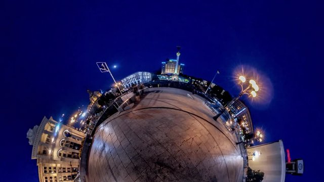 Little Tiny Planet 360 Degree Independence Square Kiev in Evening People Are Walking by Paving Tiles Lights Fountains Kiev Sights Night Tourism in Ukraine