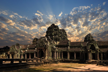 Naklejka premium ancient Bayon Temple at Angkor Wat during sunrise, Siem Reap, Cambodia