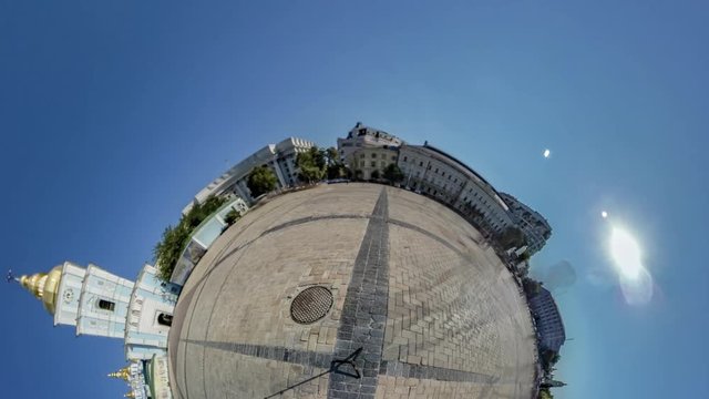 Little Tiny Planet 360 Degree Kiev Sights Michailovskaya Square People Near Bell-Tower of Michailovsky Cathedral in Sunny Day Blue Sky Cityscape Tourism