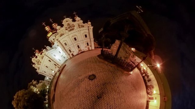 Little Tiny Planet 360 Degree Kiev-Pechersk Lavra at Night Illuminated Bell-Tower of the Dormition Cathedral Square Paving Tiles Sights Tourism Cityscape
