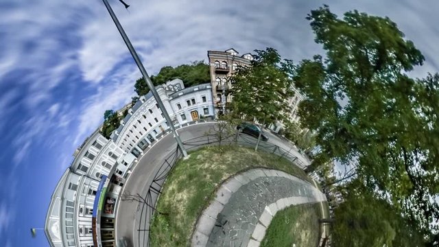 Little Tiny Planet 360 Degree Ivan Franko Theater Kiev Sights Park Nearby White Building Alleys Cars on a Road Tourism in Ukraine Cityscape Blue Sky Sunny