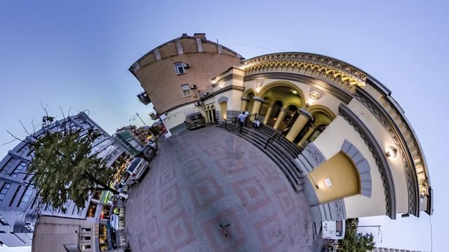 Little Tiny Planet 360 Degree Synagogue Kiev Square Building in Oriental Style Place is Brightly Illuminated Evening Cityscape Sights Tourism in Ukraine