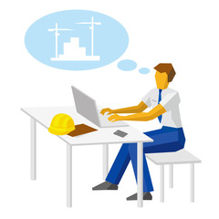 Engineer builder work with laptop and thinking about construction. Architect typing on the notebook. Helmet, folder and smartphone on table near. Flat vector clip art on white background.