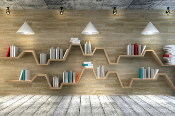 Modern interior room with a beautiful furniture. Minimalist bookshelf over dramatic concrete and wood background, modern art. 3d render. 