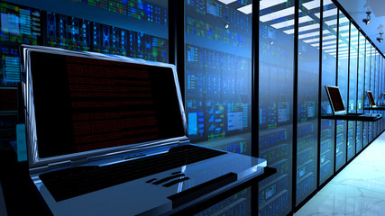  terminal monitor in server room with server racks in datacenter interior - obrazy, fototapety, plakaty