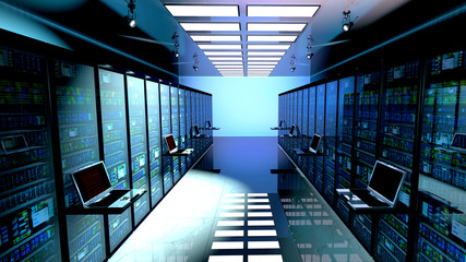 Creative business web telecommunication, internet technology connection, cloud computing and networking connectivity concept: terminal monitor in server room with server racks in datacenter interior - obrazy, fototapety, plakaty