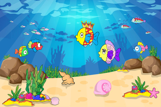 Tropical underwater sea life - coral reef with fish on a blue sea background. Vector illustration.