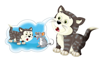 Cartoon happy cat standing and thinking - speaking cloud with image - isolated - illustration for children