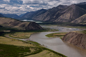 Top view of a river bend. Indigirka River, Yakutia, Russia.